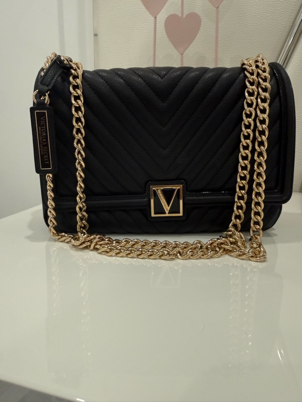 Victoria's Secret Black Quilted Crossbody with Gold Chain